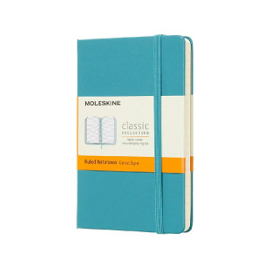 Taccuino Moleskine pocket a righe copertina rigida azzurro. Reef Blue